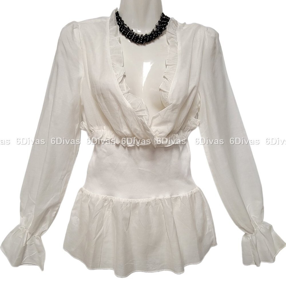 WHITE Cotton Top, Light Frilly Long Sleeve Top - SIZES S, M, L